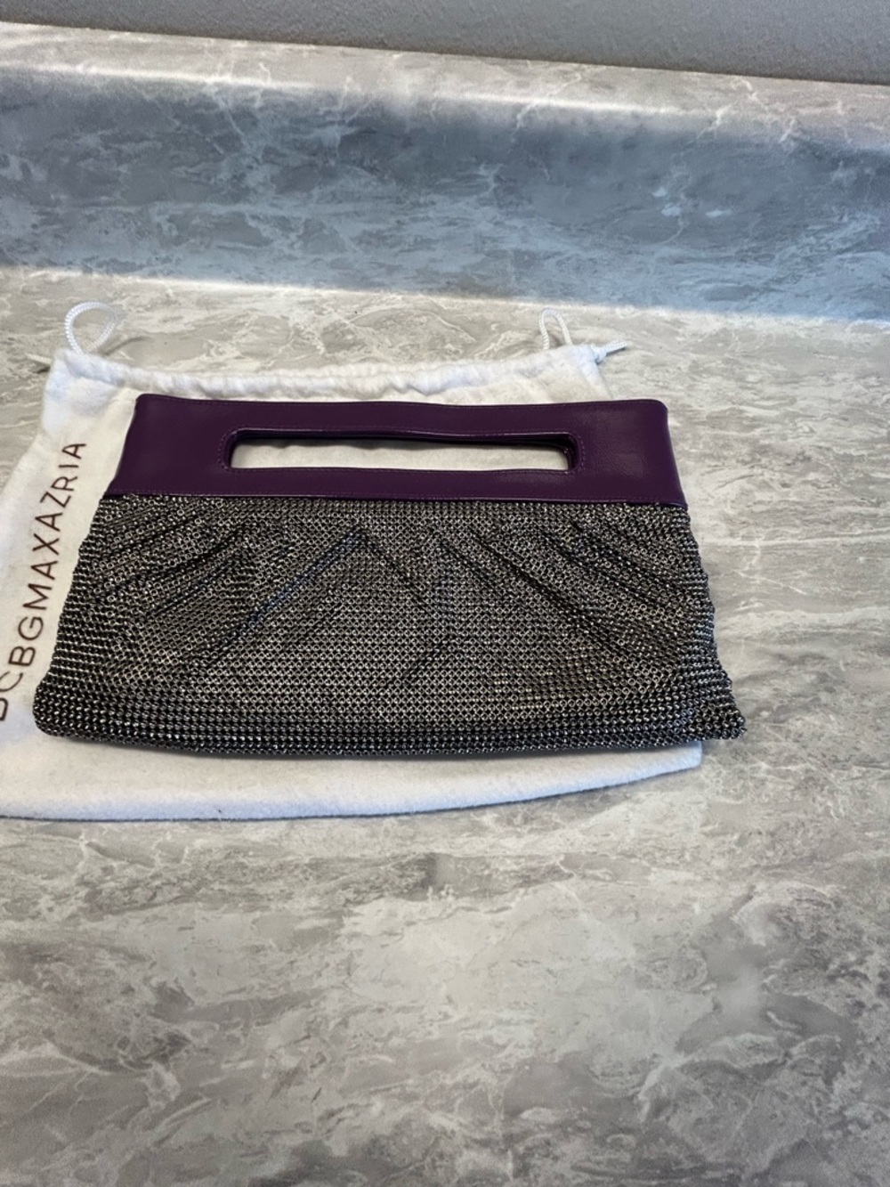 BCBG Max Azria clutch NWOT, includes dust bag silver and grape